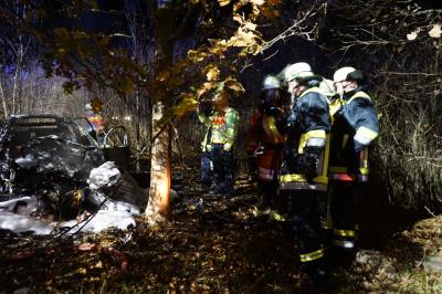 PKW faehrt in Baumgruppe und brennt komplett aus
